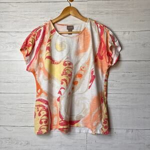 Chicos Blouse Womens Size 1/Medium Colorful Swirl Short Sleeve 100% Cotton